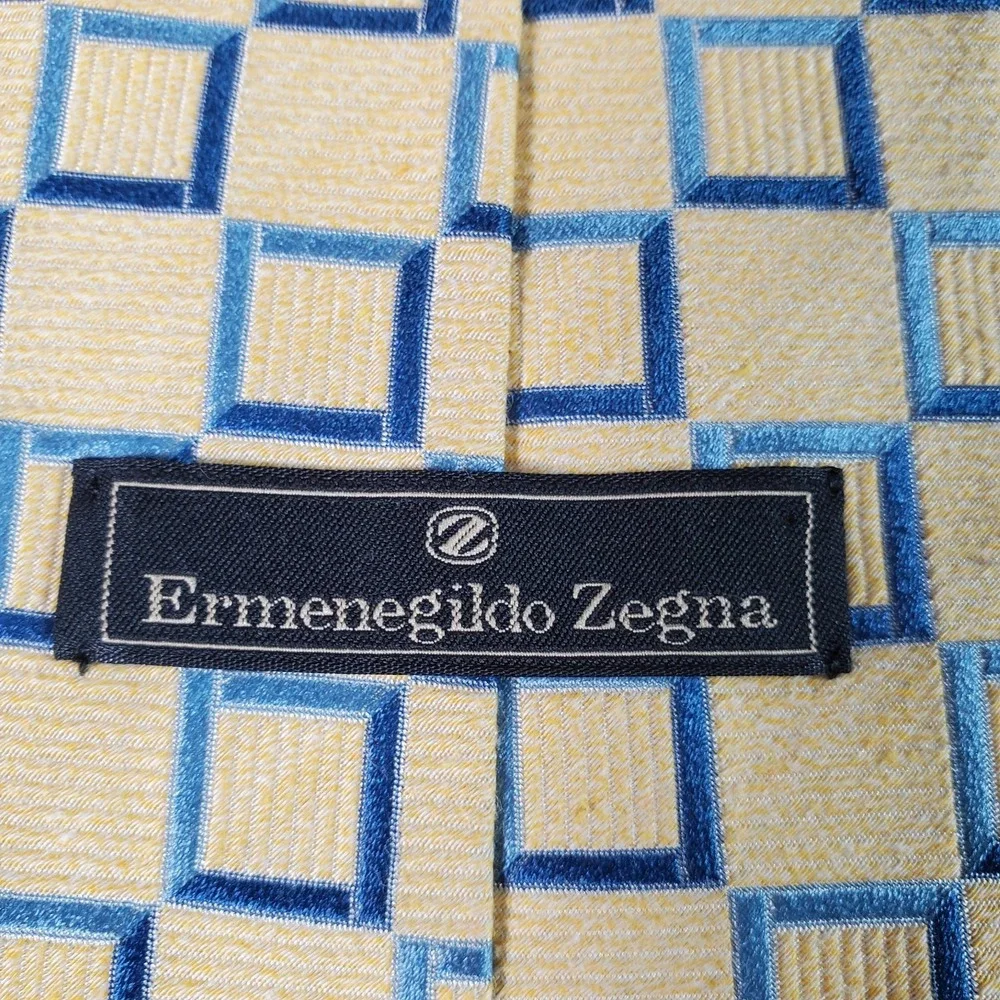 Ermenegildo Zegna Tie Mens Yellow Blue Geometric Print Silk Blend Italy Designer